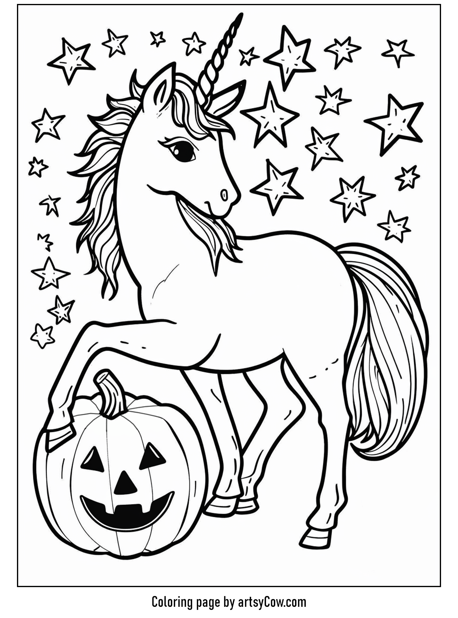 halloween coloring pages with unicorn, depicting an enchanting unicorn holding a cheerful jack-o'-lantern under a starry sky.